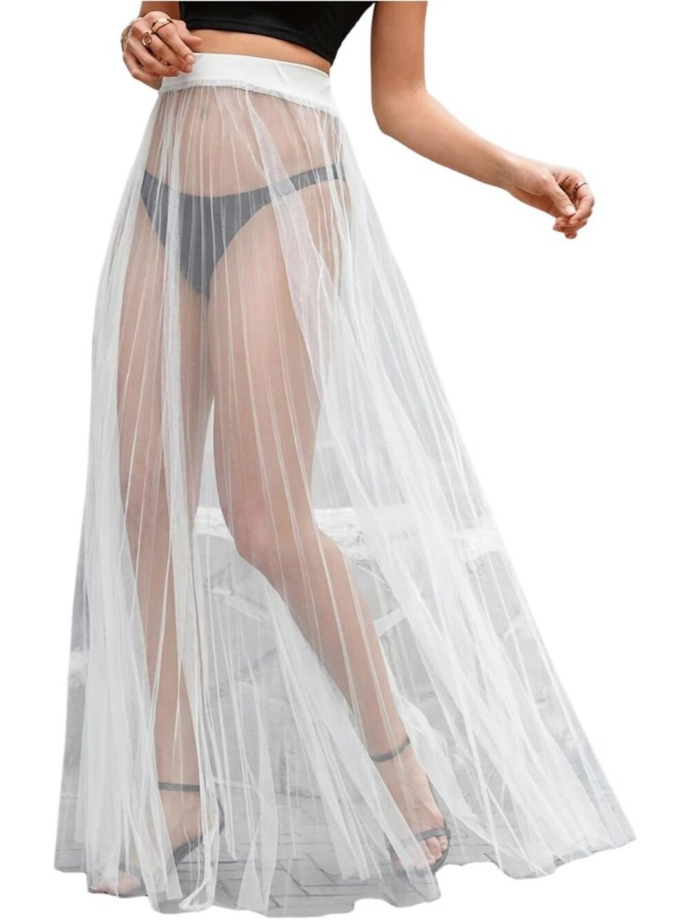 Women's White Sheer Mesh High Waist See Through Flowy Lace Cover Up Maxi Skirt
